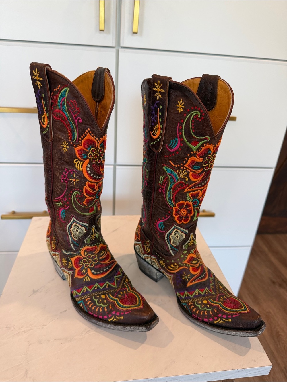 Old Gringo Brown Leather Western Boots with Multicolor Floral Embroidery - Picture 3 of 13